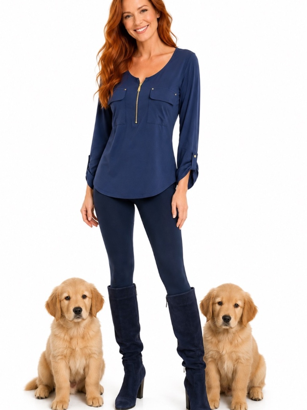 Joie de Vivre Navy Blue Utility Top Size S | Gold Zip | Pocket Detail